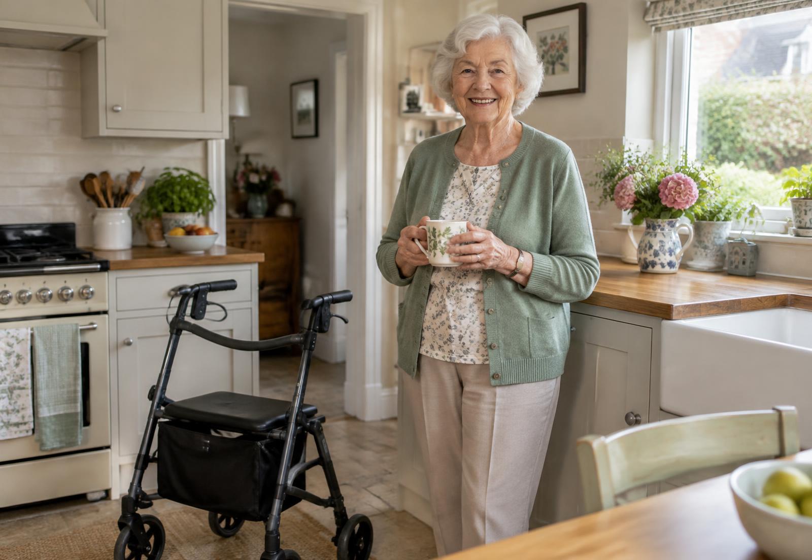 A senior adult moving comfortably around their own living room at home